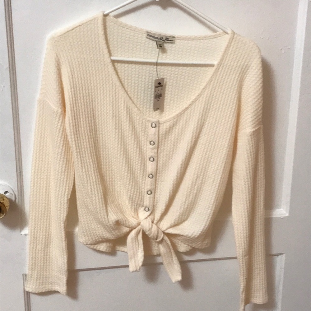 Express Waffle Knit Snap Tie Front Henley Top